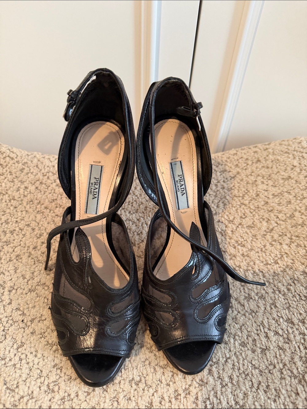 Prada Black Leather Strappy Peep-Toe Heels